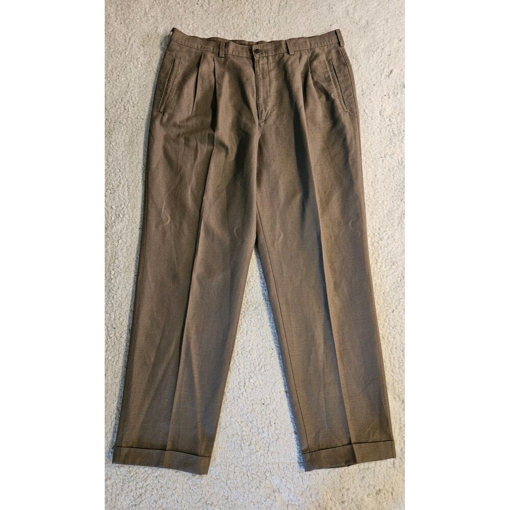 Savane Mens 38x32 Brown Cotton Linen Pleated Cuffed Casual Dress Pants Slacks